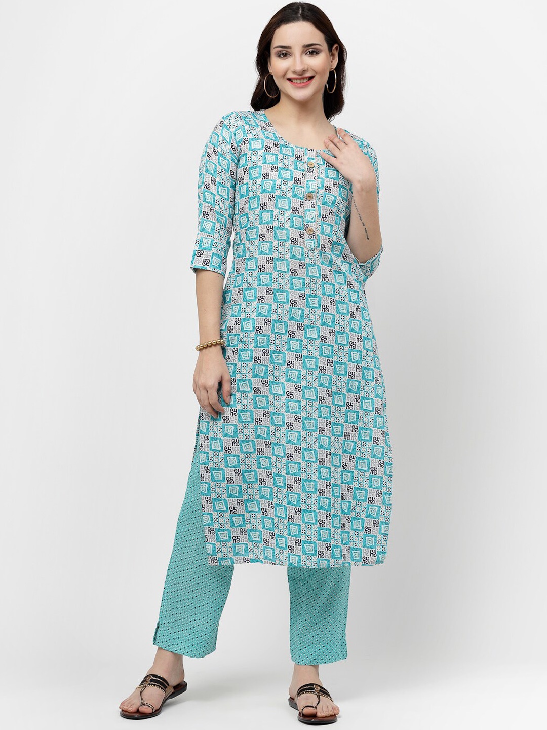 

KALINI Floral Printed Regular Pure Cotton Kurta with Trousers, Blue