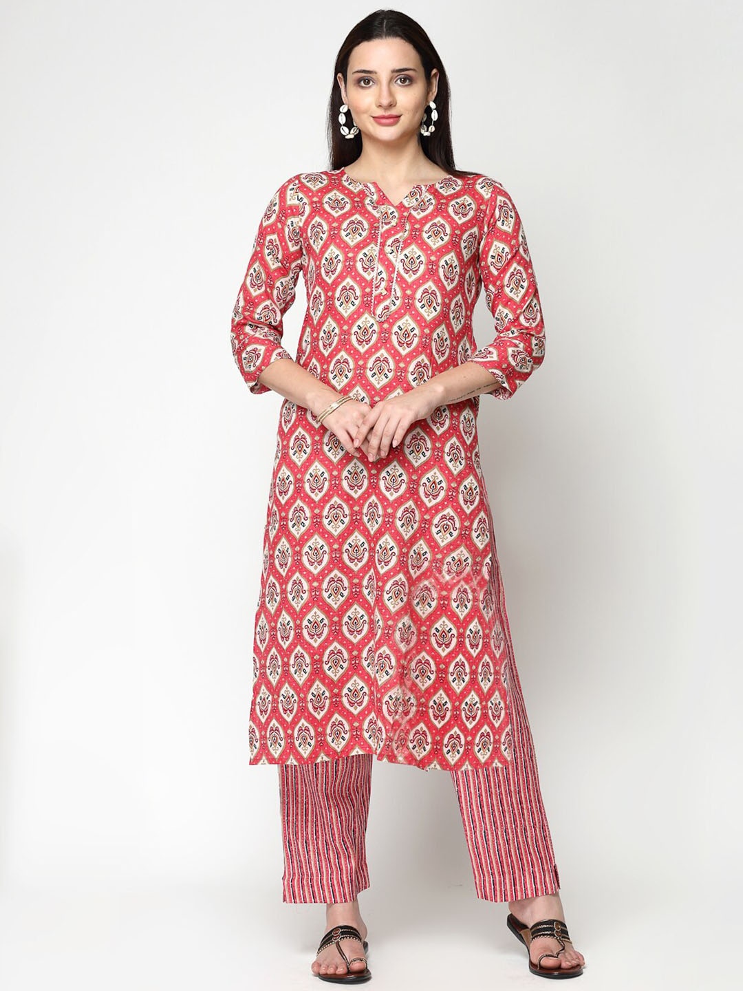 

KALINI Ethnic Motifs Printed Regular Pure Cotton Kurta With Trousers, Pink