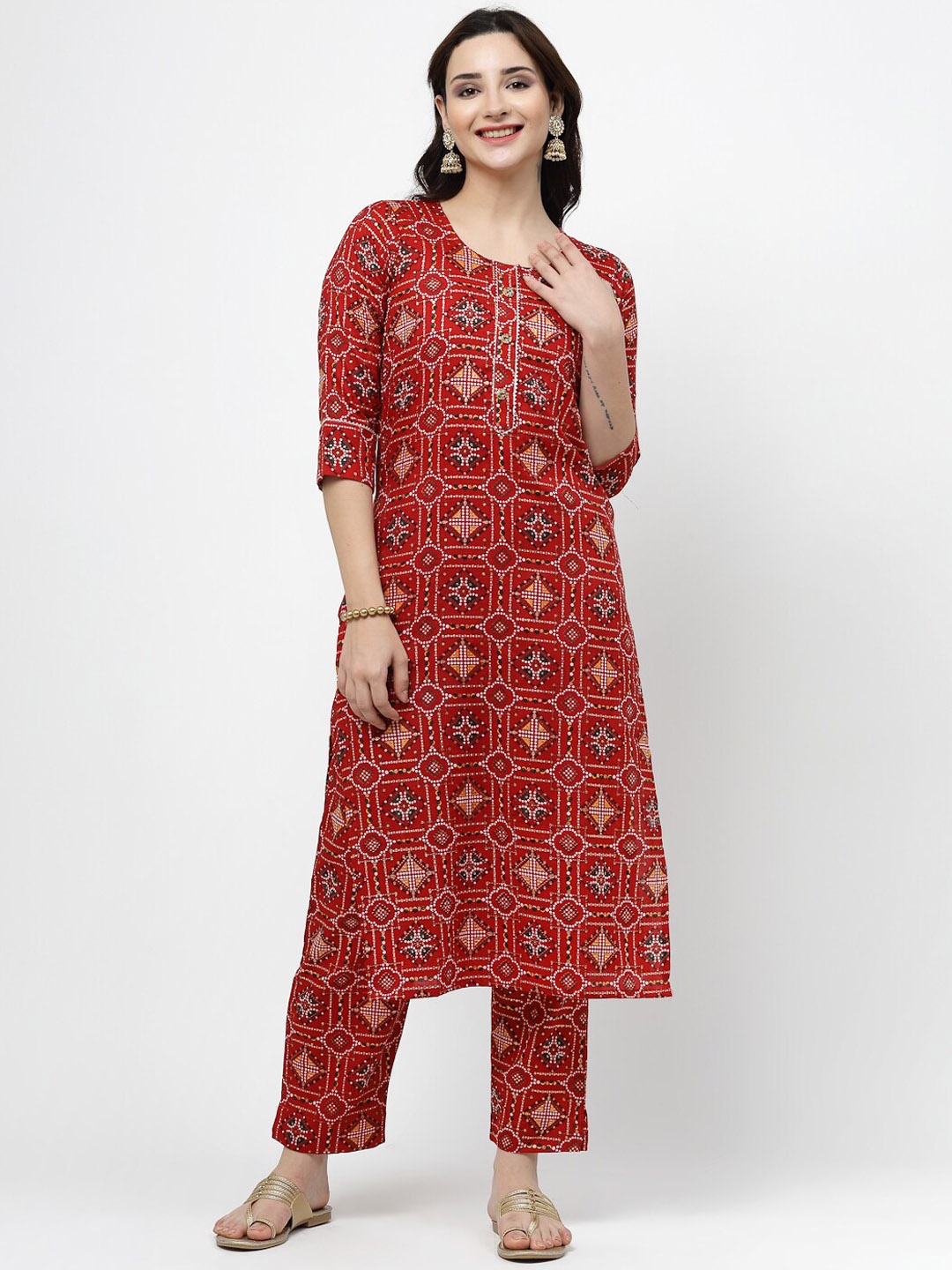 

KALINI Geometric Printed Regular Pure Cotton Kurta with Trousers, Red