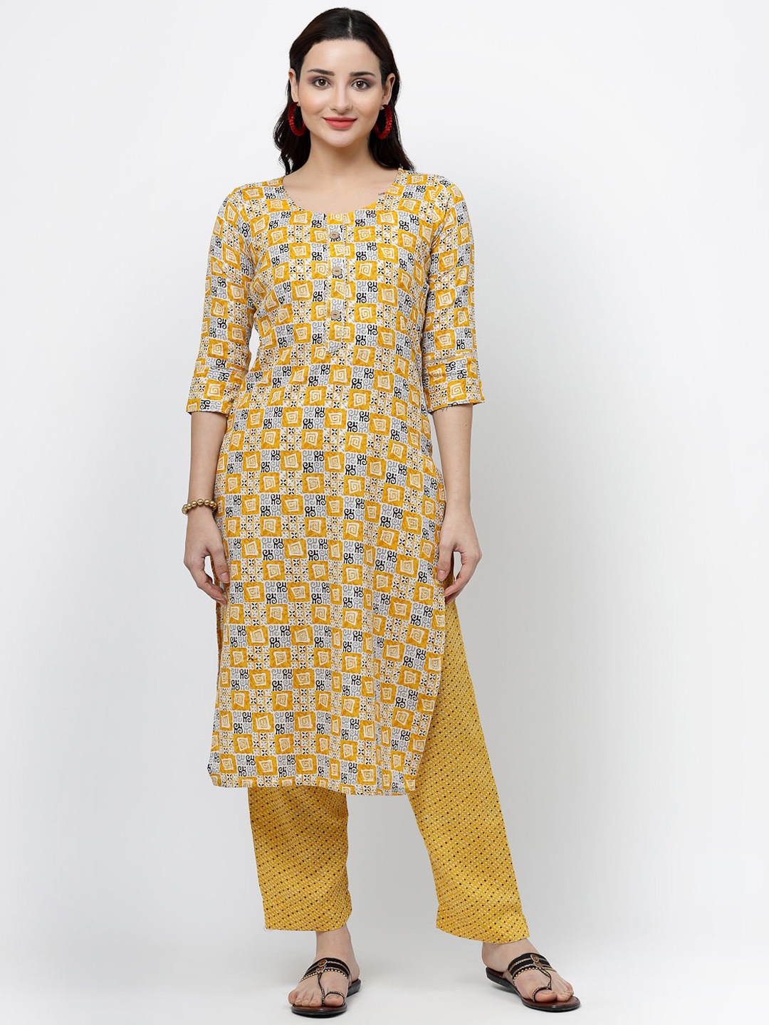 

KALINI Ethnic Motifs Printed Round Neck Pure Cotton Straight Kurta With Trouser, Yellow