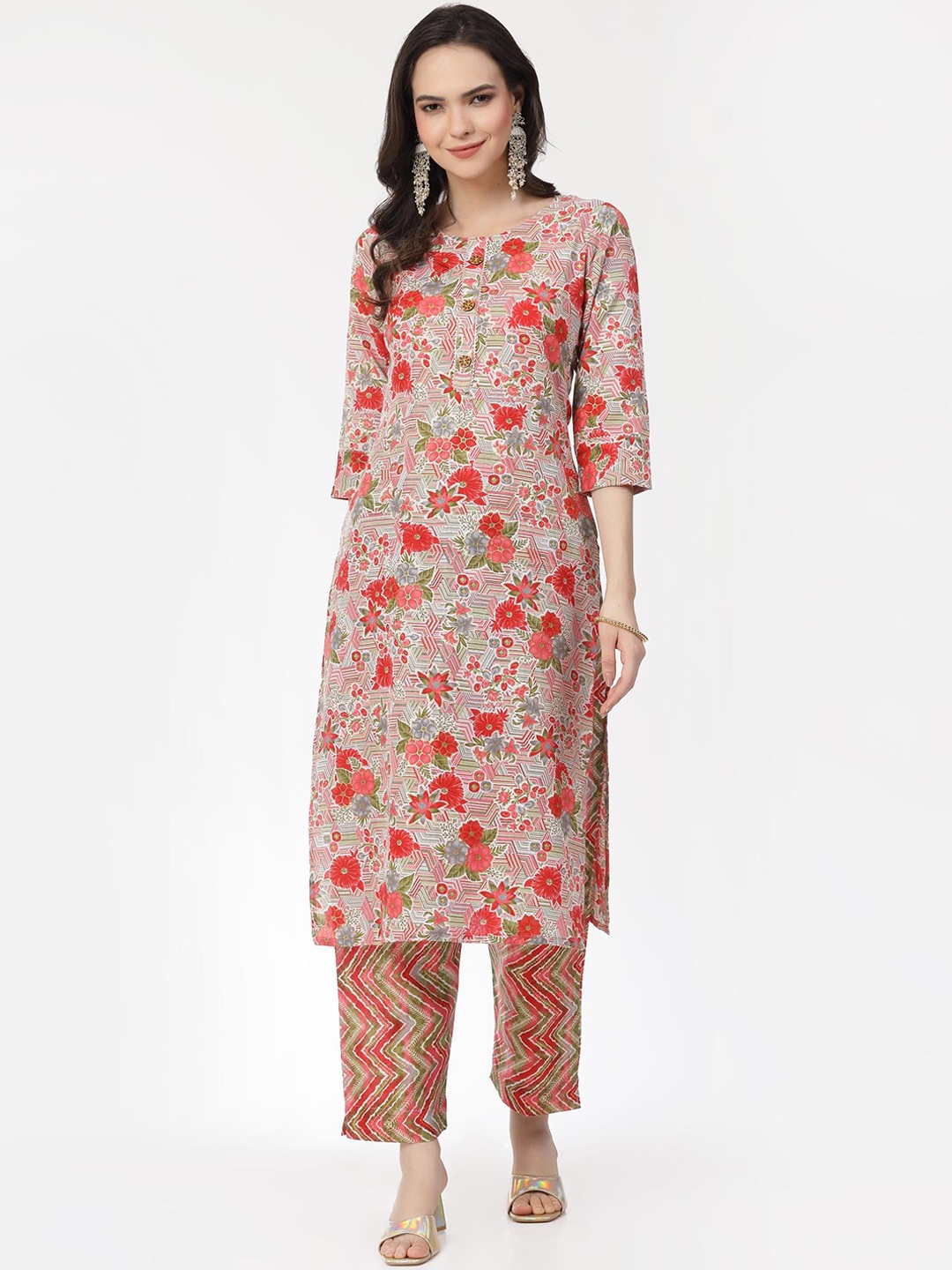 

KALINI Floral Printed Round Neck Gotta Patti Pure Cotton Straight Kurta With Trouser, Pink