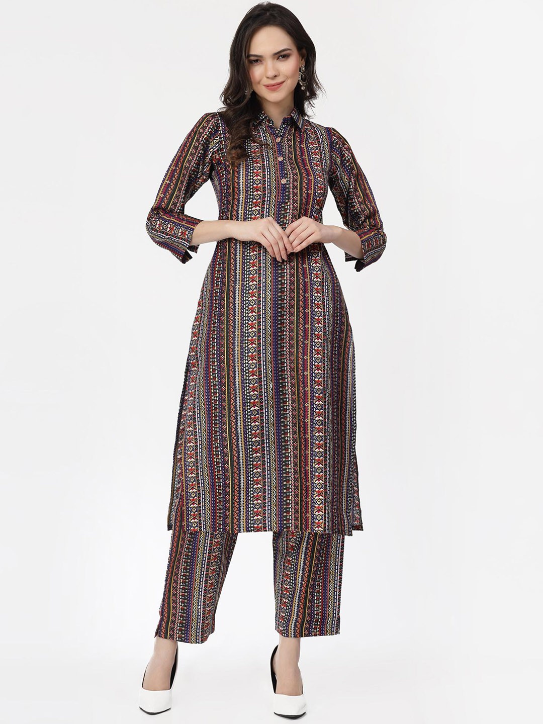 

KALINI Ethnic Motifs Printed Regular Pure Cotton Kurta with Trousers, Blue