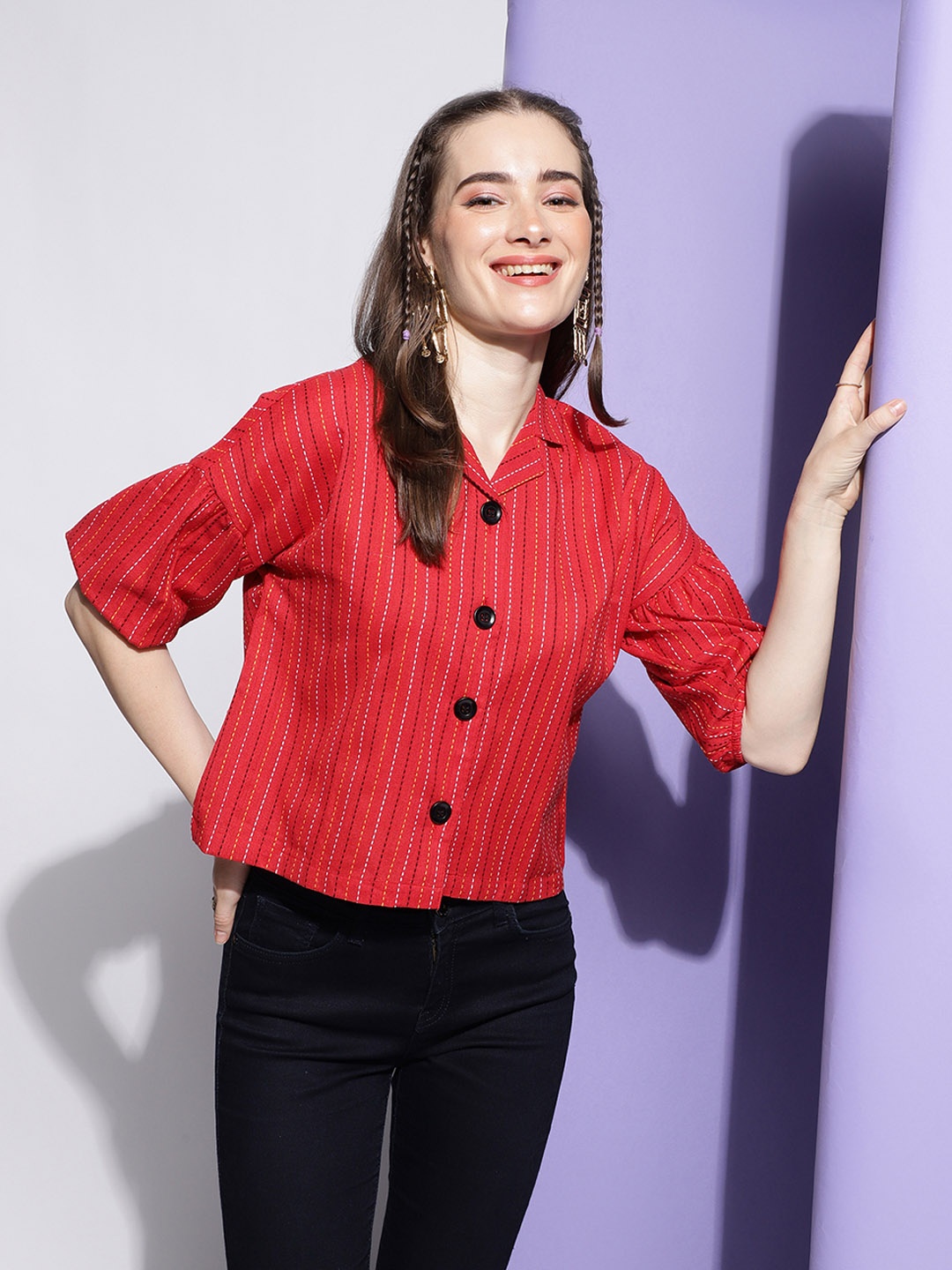 

CLEMIRA Puff Sleeves Printed Cotton Georgette Shirt Style Top, Red