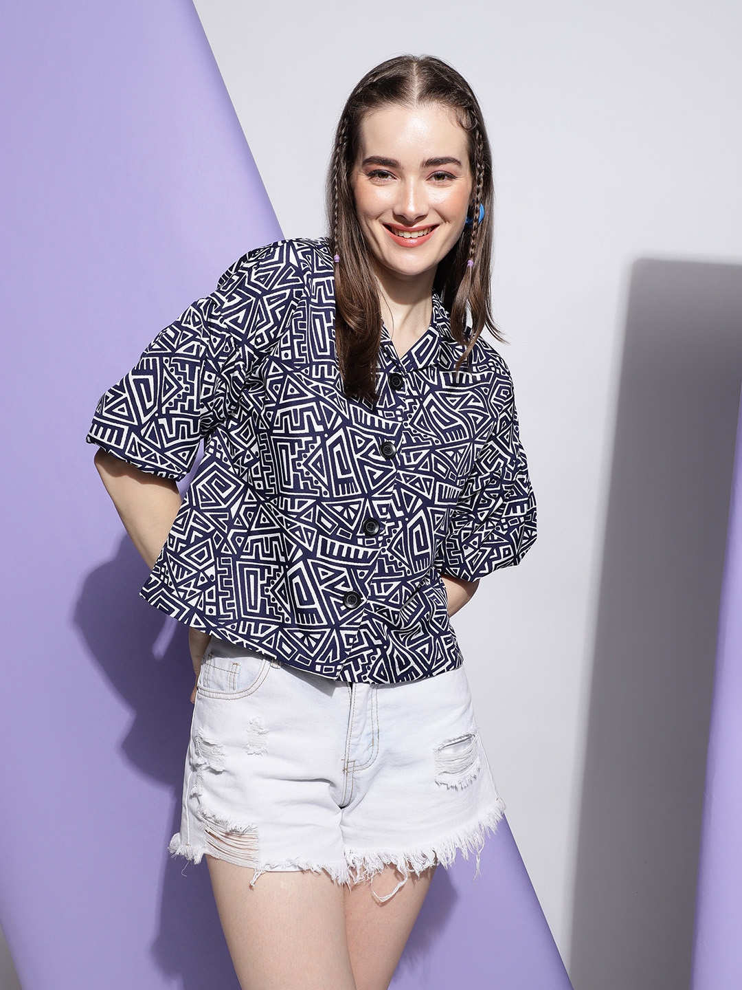 

CLEMIRA Print Georgette Shirt Style Top, Blue