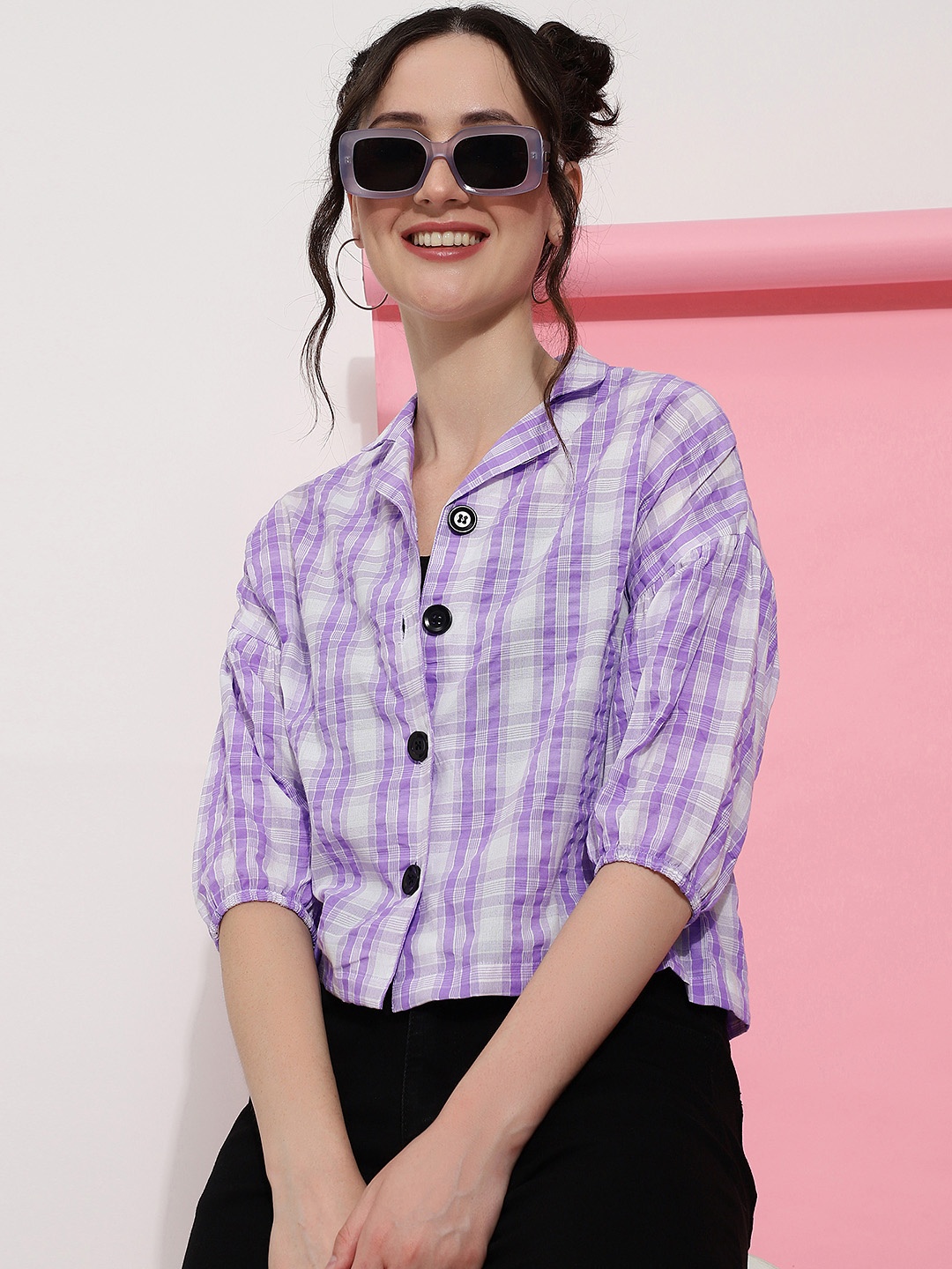 

CLEMIRA Checked Cotton Crepe Shirt Style Top, Purple