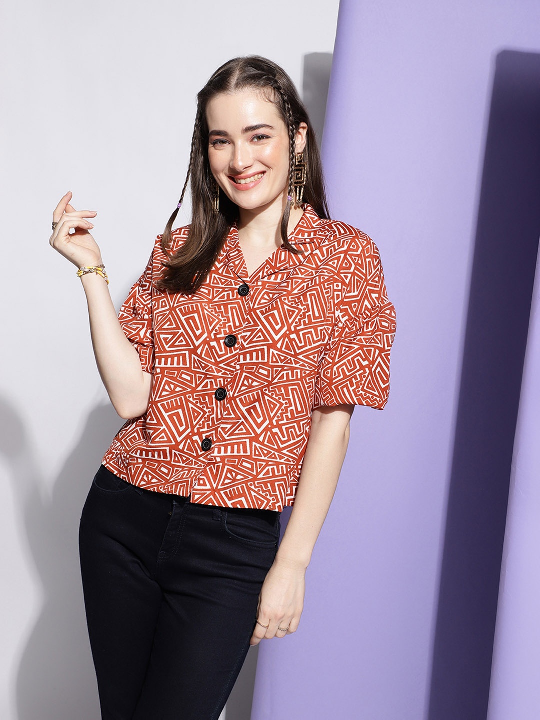 

CLEMIRA Abstract Printed Shirt Style Top, Rust