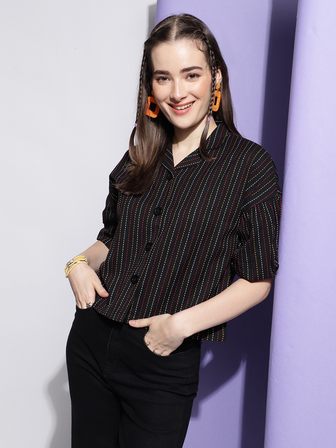 

CLEMIRA Vertical Stripes Cotton Shirt Style Top, Black