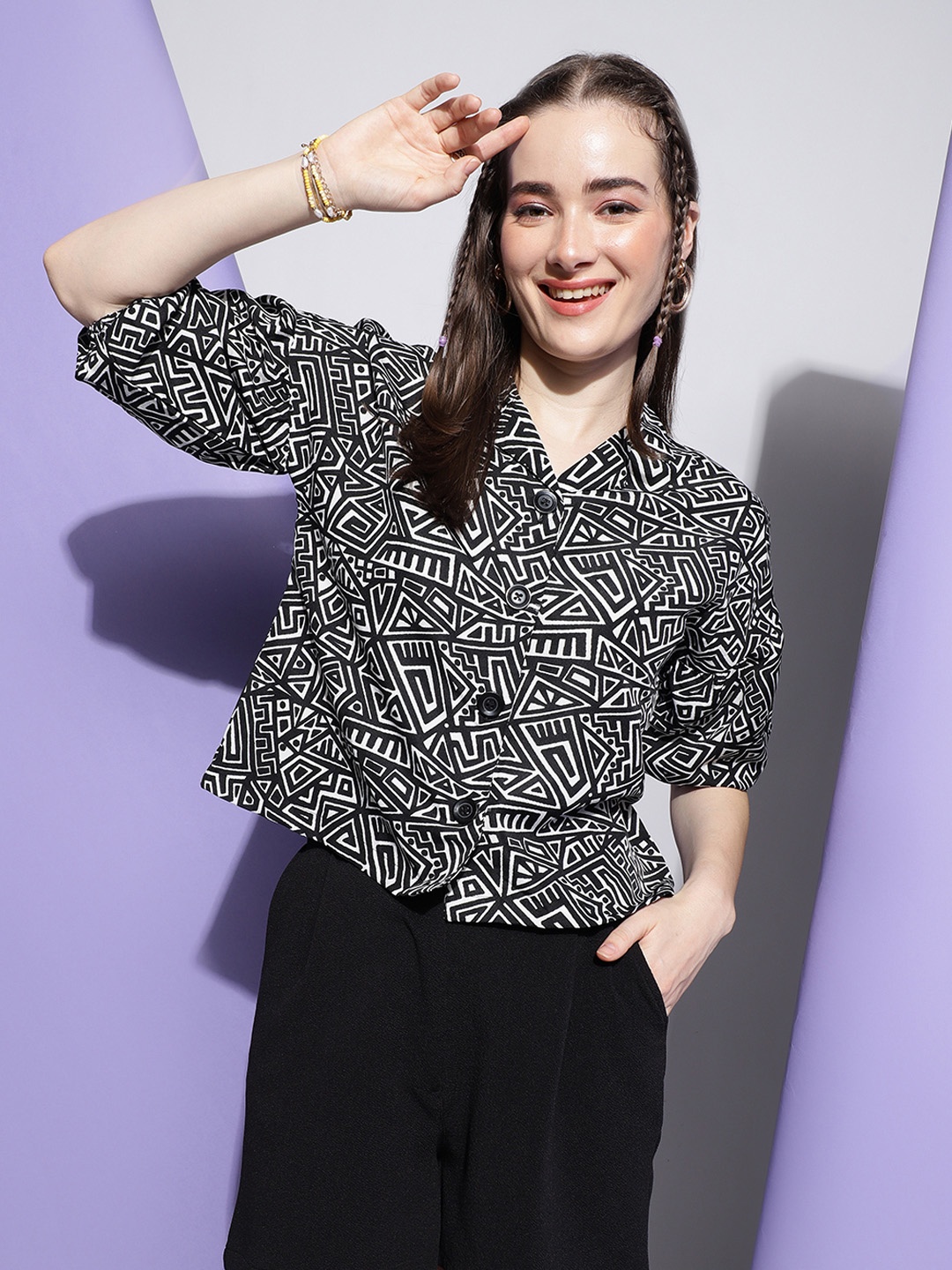 

CLEMIRA Abstract Printed Georgette Shirt Style Top, Black