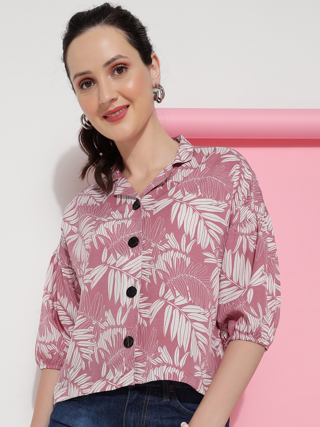 

CLEMIRA Floral Print Crepe Shirt Style Top, Pink