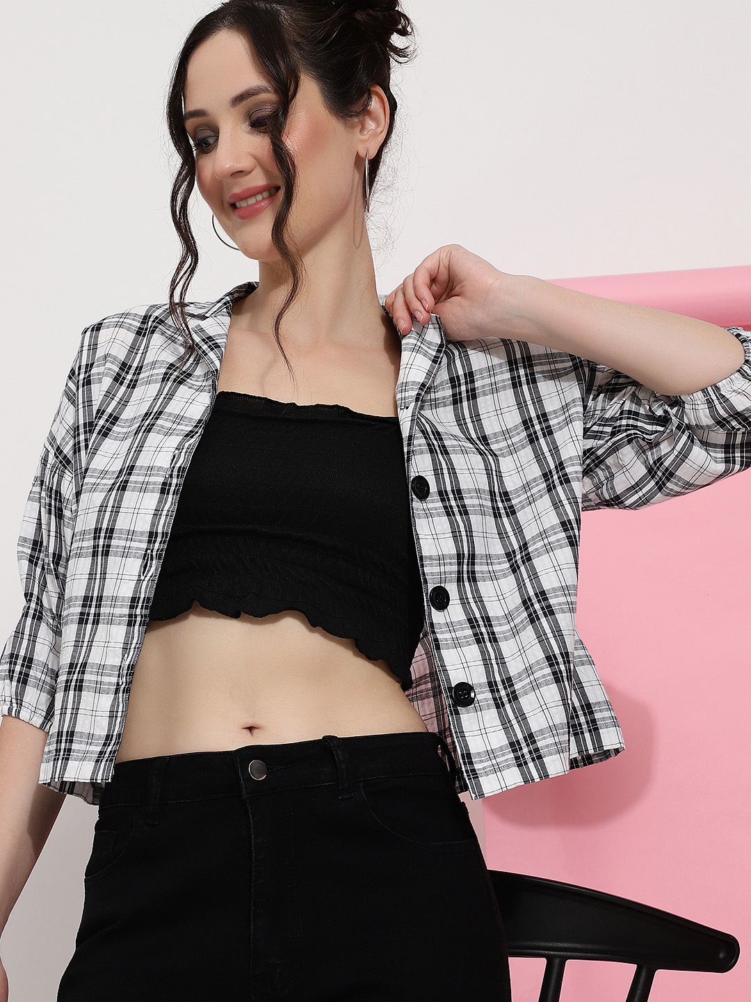 

CLEMIRA Checked Cotton Shirt Style Top, Black