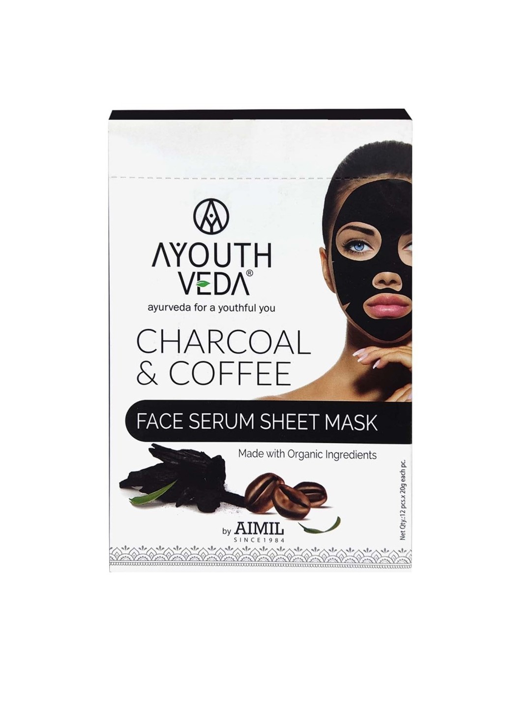 

AYOUTHVEDA 12-Pcs Charcoal & Coffee Face Serum Sheet Mask - 20 g each, White