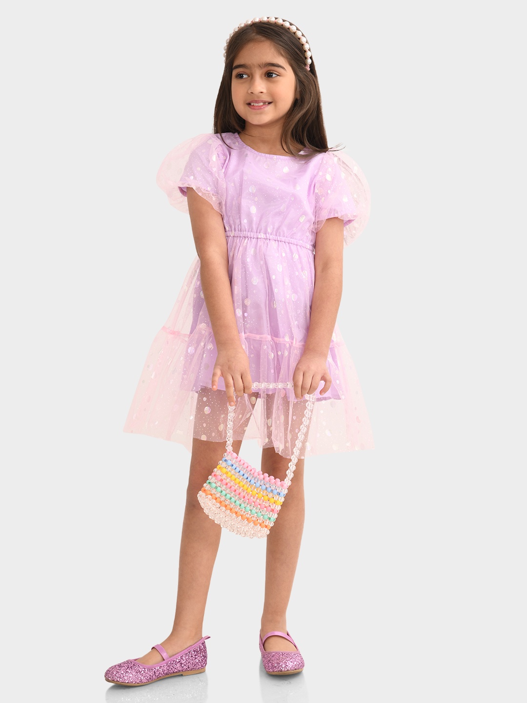 

BONKIDS Girls Round Neck Self Design Puff Sleeve Fit & Flare Dress, Lavender