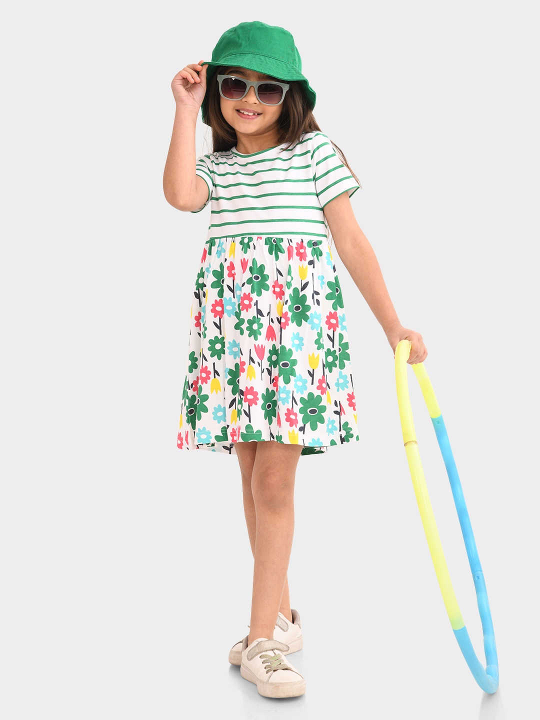 

BONKIDS Girls Floral Printed Round Neck Cotton Fit & Flare Dress, White