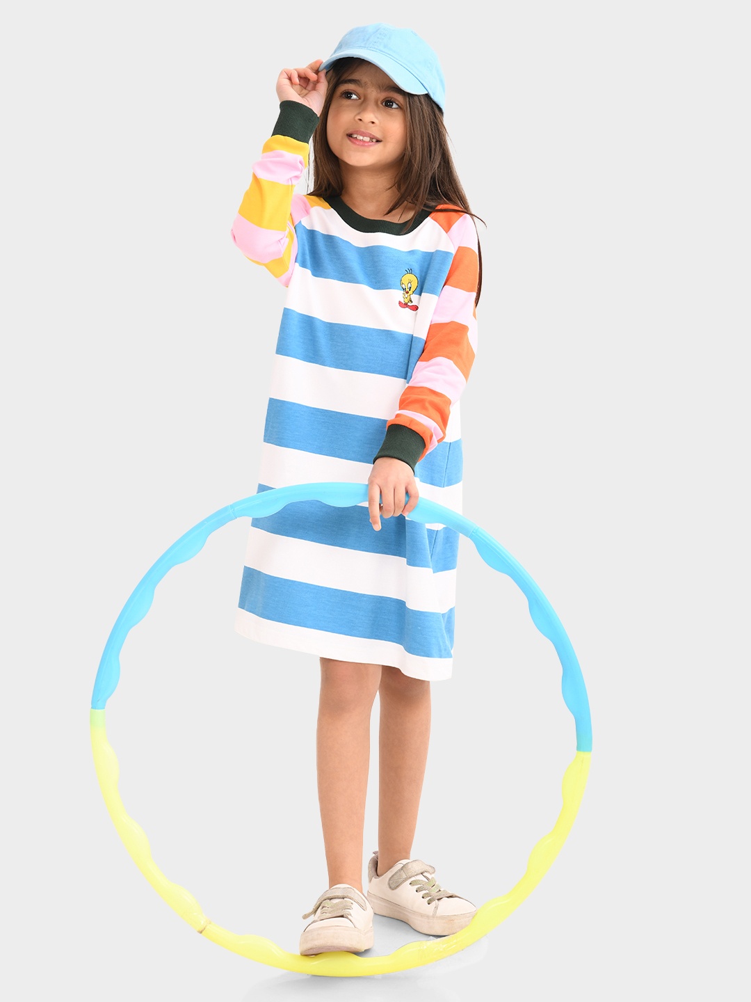 

BONKIDS Girls Striped Round Neck Cotton T-shirt Dress, White