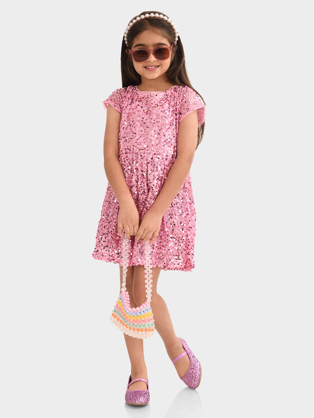 

BONKIDS Girls Floral Printed Round Neck Cap Sleeves Fit & Flare Dress, Pink