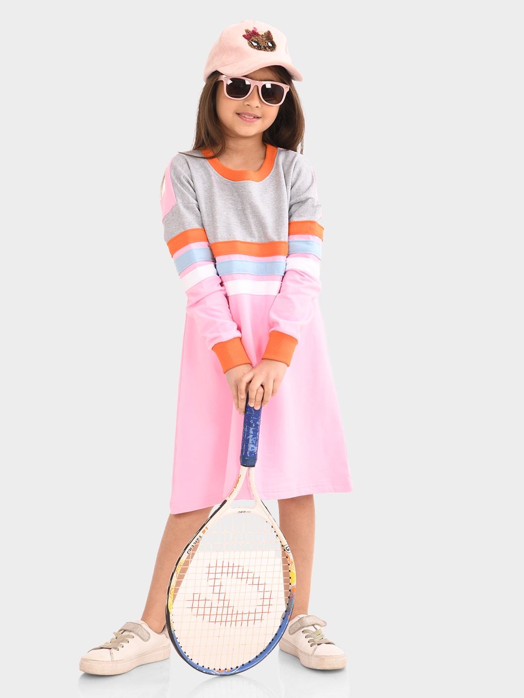 

BONKIDS Girls Colourblocked Striped Round Neck A-Line Cotton Dress, Pink