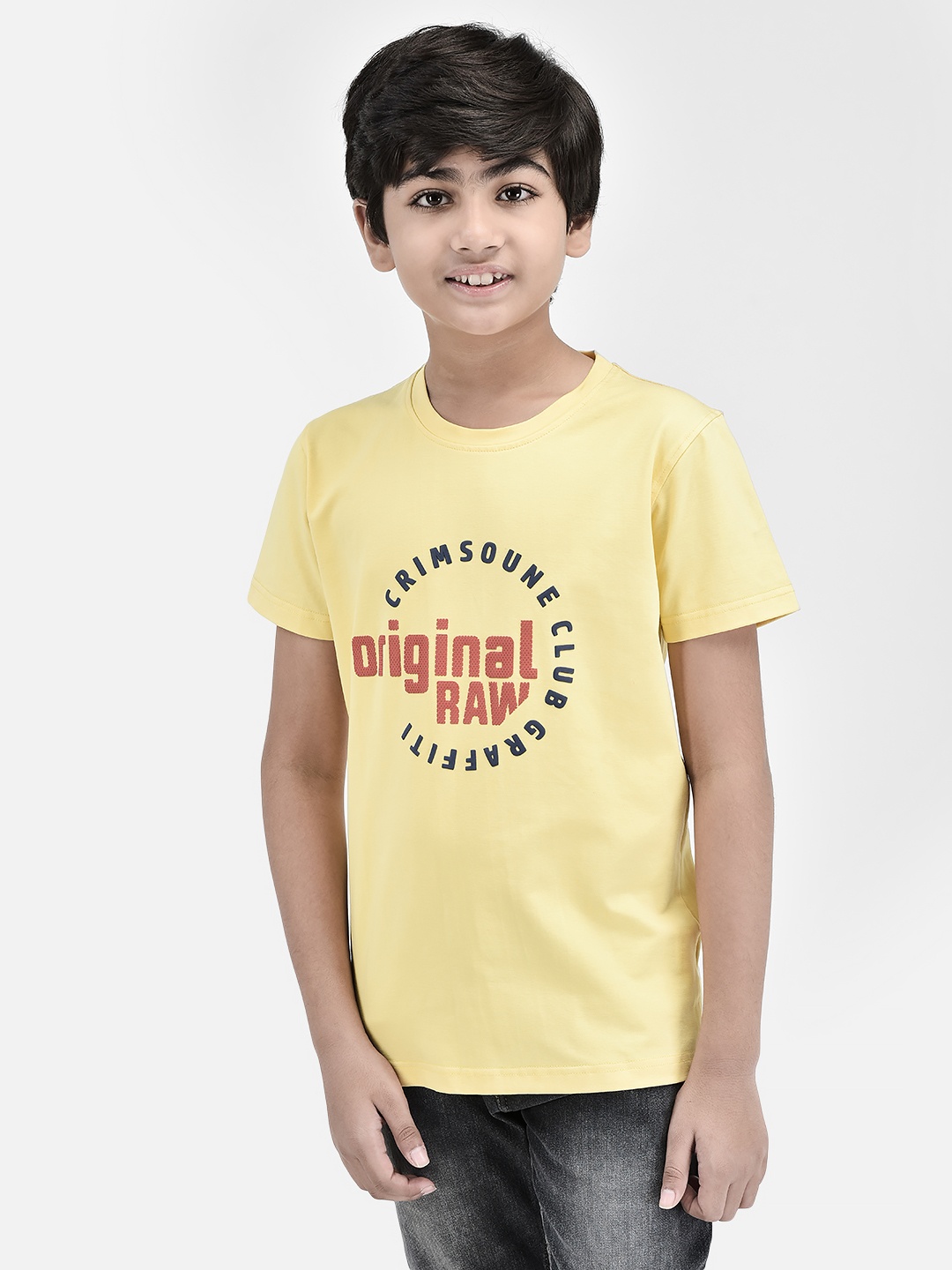 

Crimsoune Club Boys Typography Printed Cotton Applique Slim Fit T-shirt, Yellow