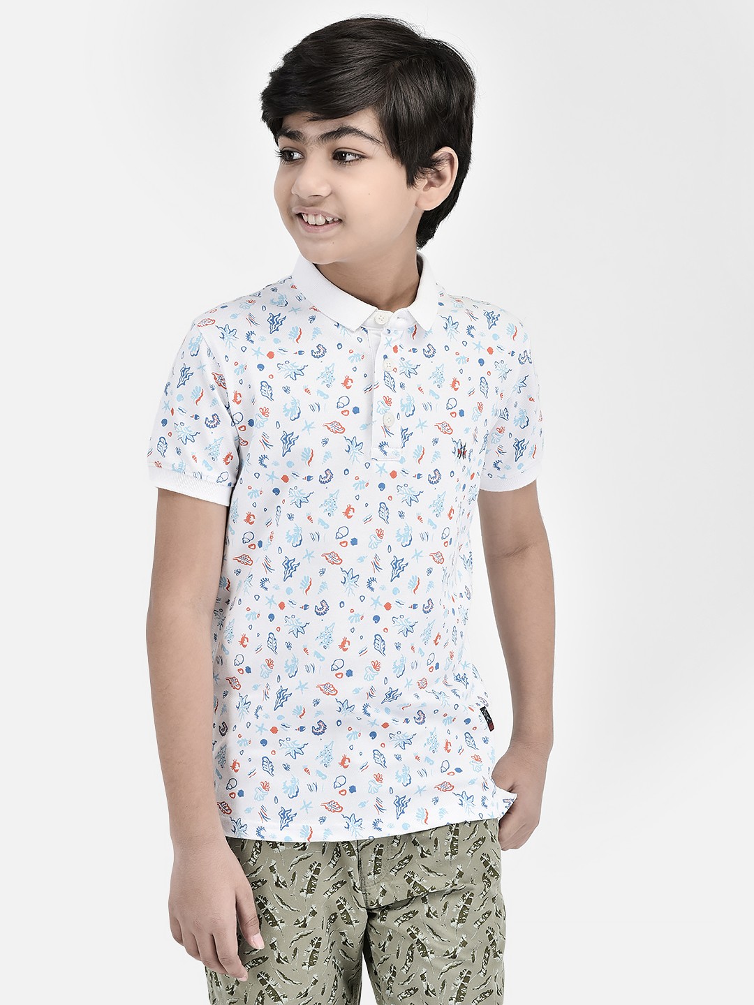 

Crimsoune Club Boys Slim Fit Conversational Printed Polo Collar T-shirt, White