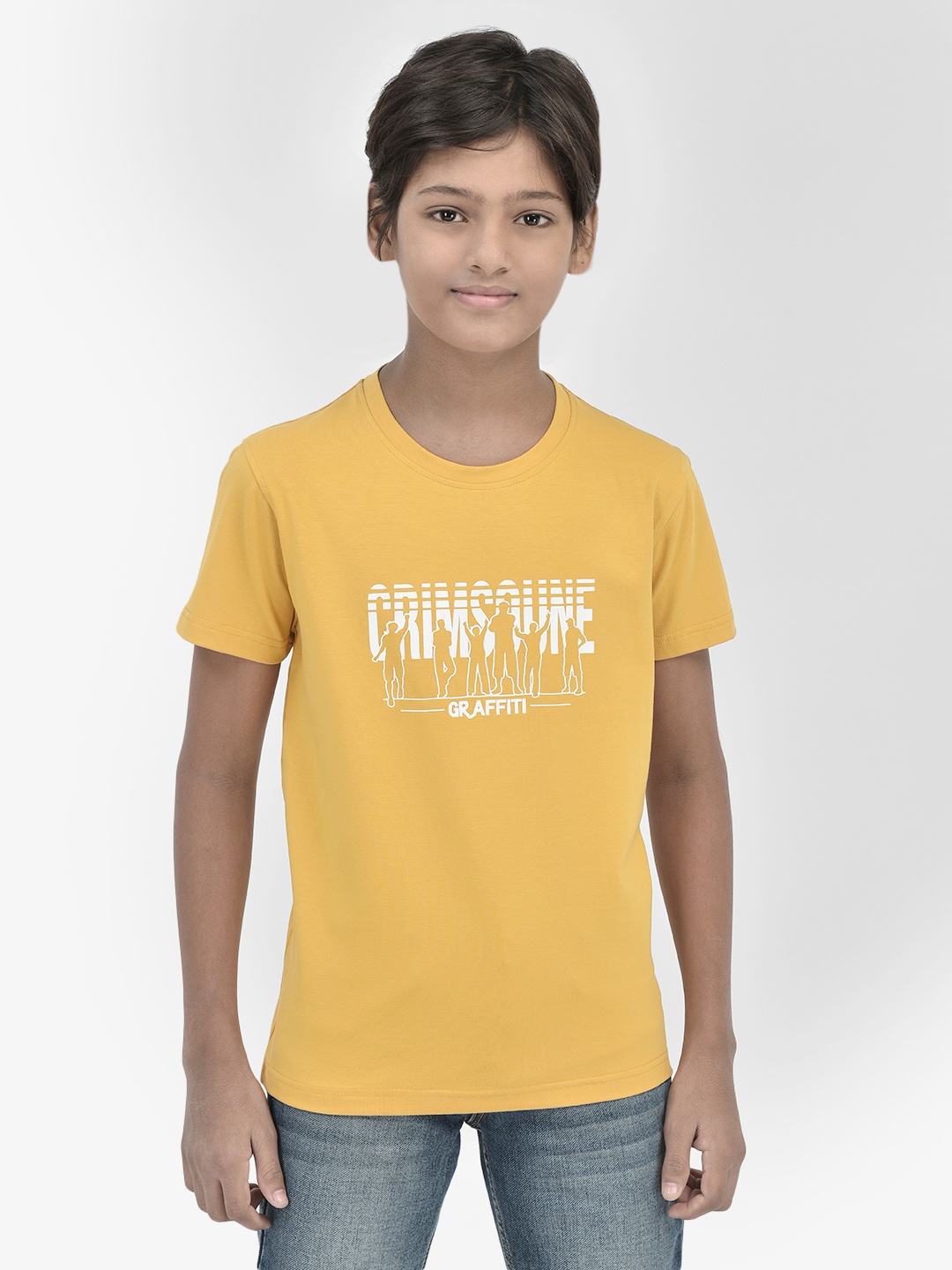 

Crimsoune Club Boys Typography Round Neck Short Sleeves Slim Fit Casual T-shirt, Mustard