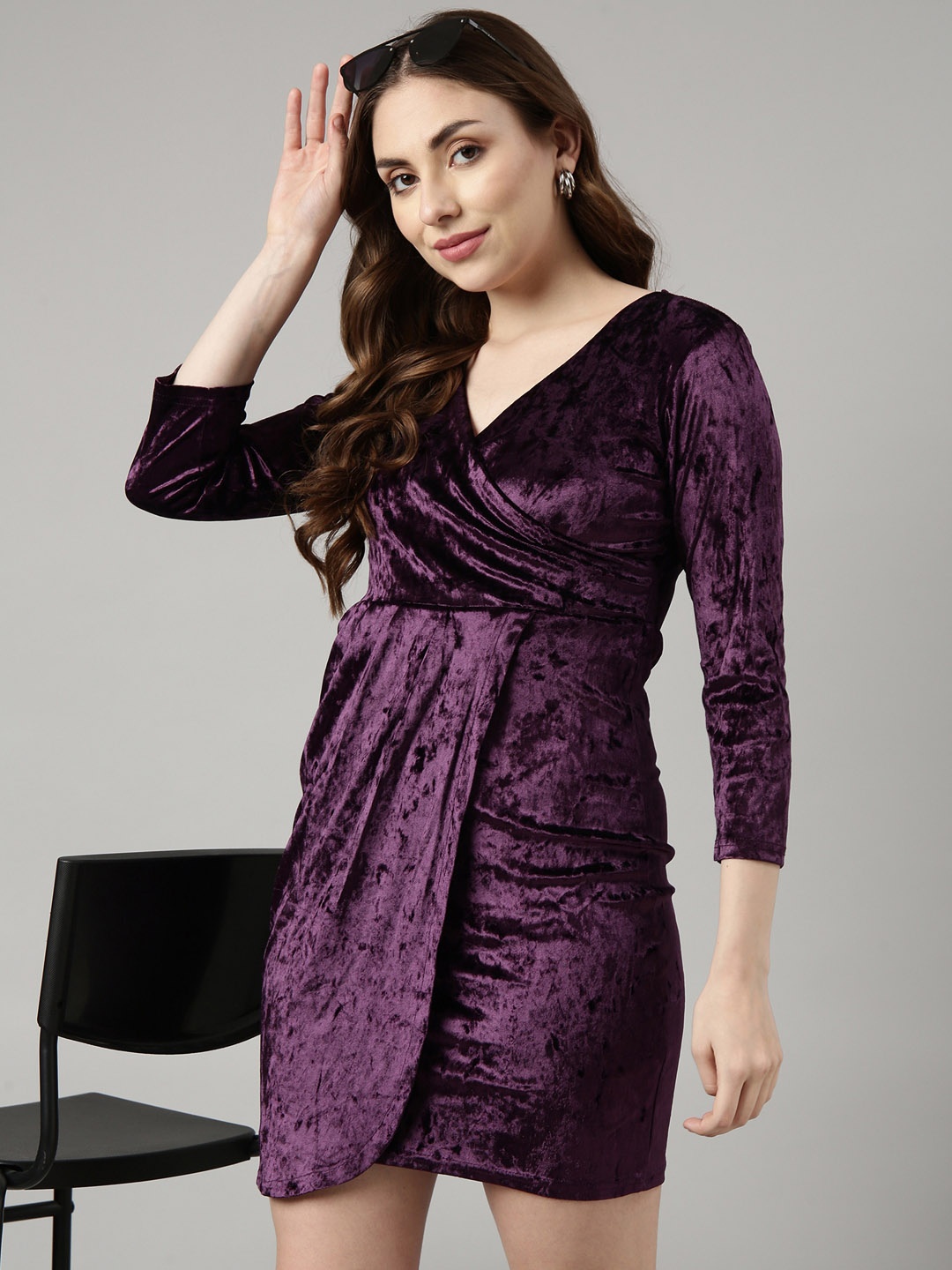 

SHOWOFF V-Neck Regular Sleeves Asymmetric Mini Empire Party Dress, Purple