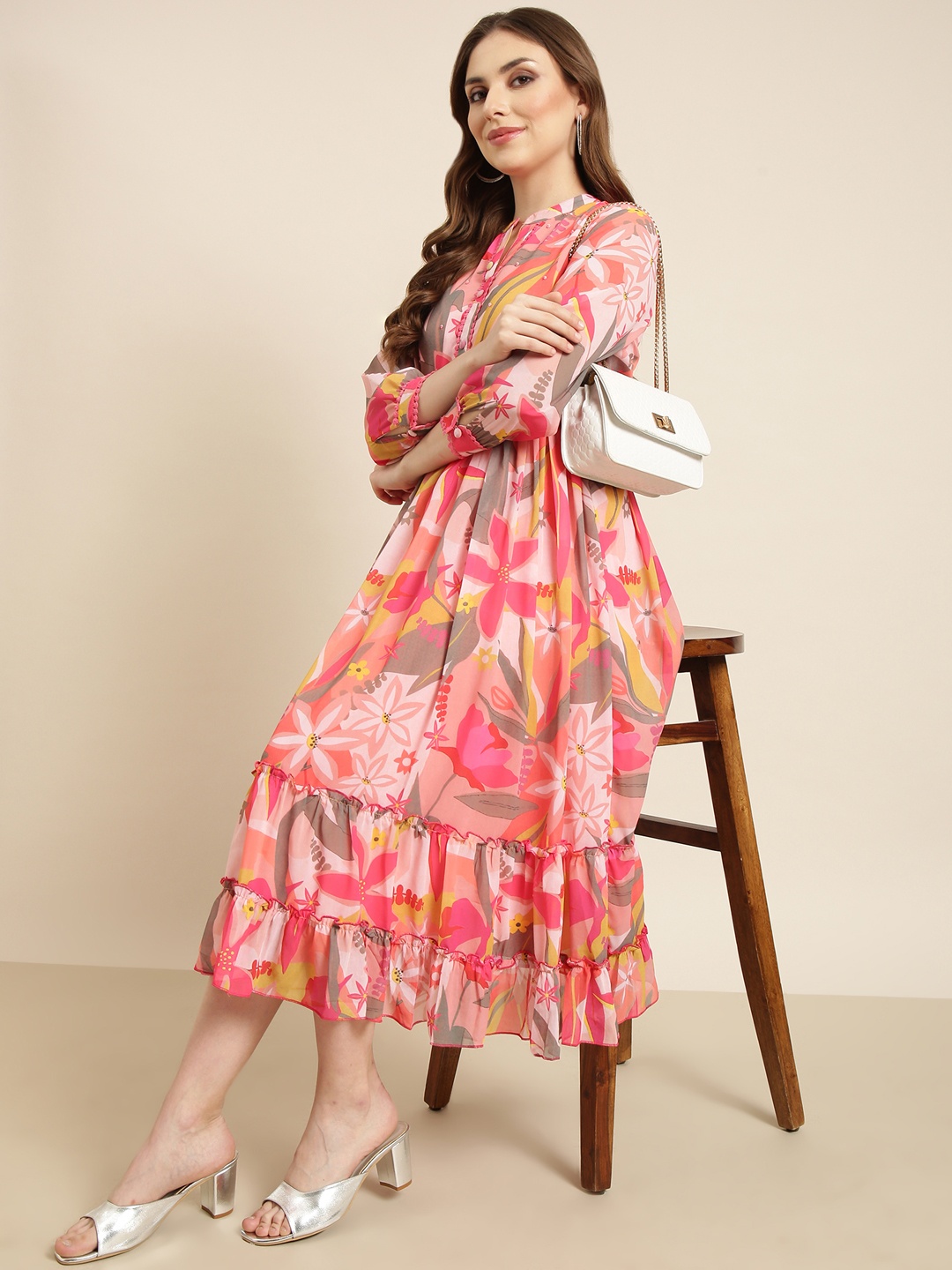 

SHOWOFF Floral Printed Lace Inserts Tiered Georgette A-Line Dress With Belt, Pink