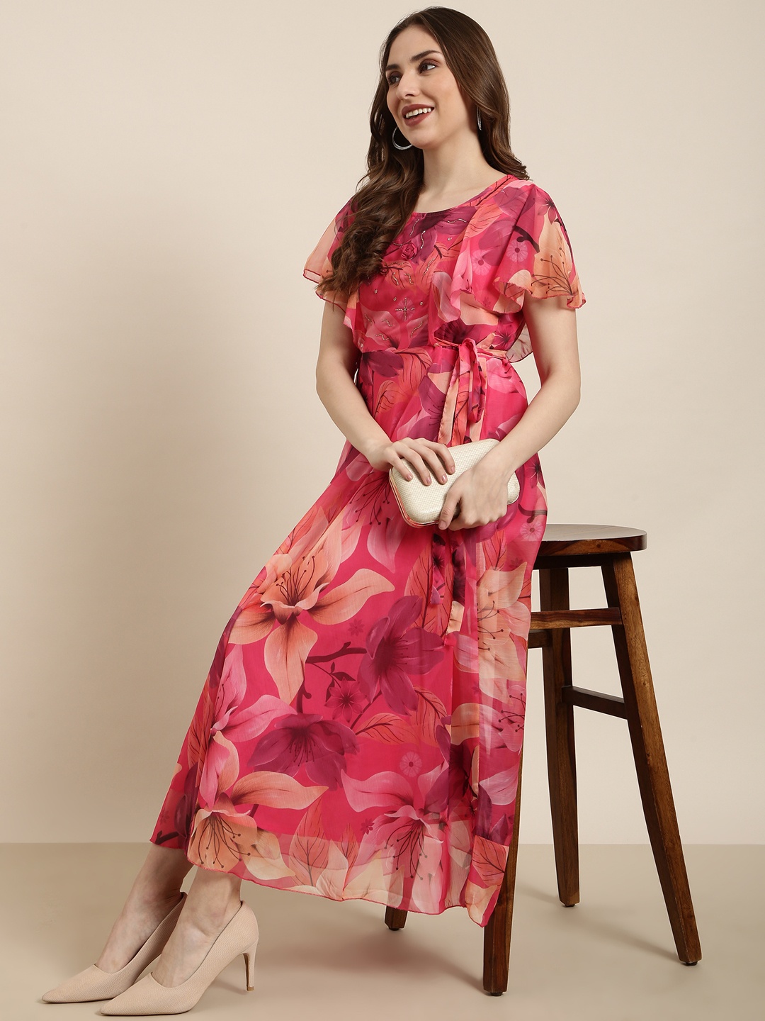 

SHOWOFF Floral Print Embroidered Round Neck Flared Sleeves Maxi Dress, Pink