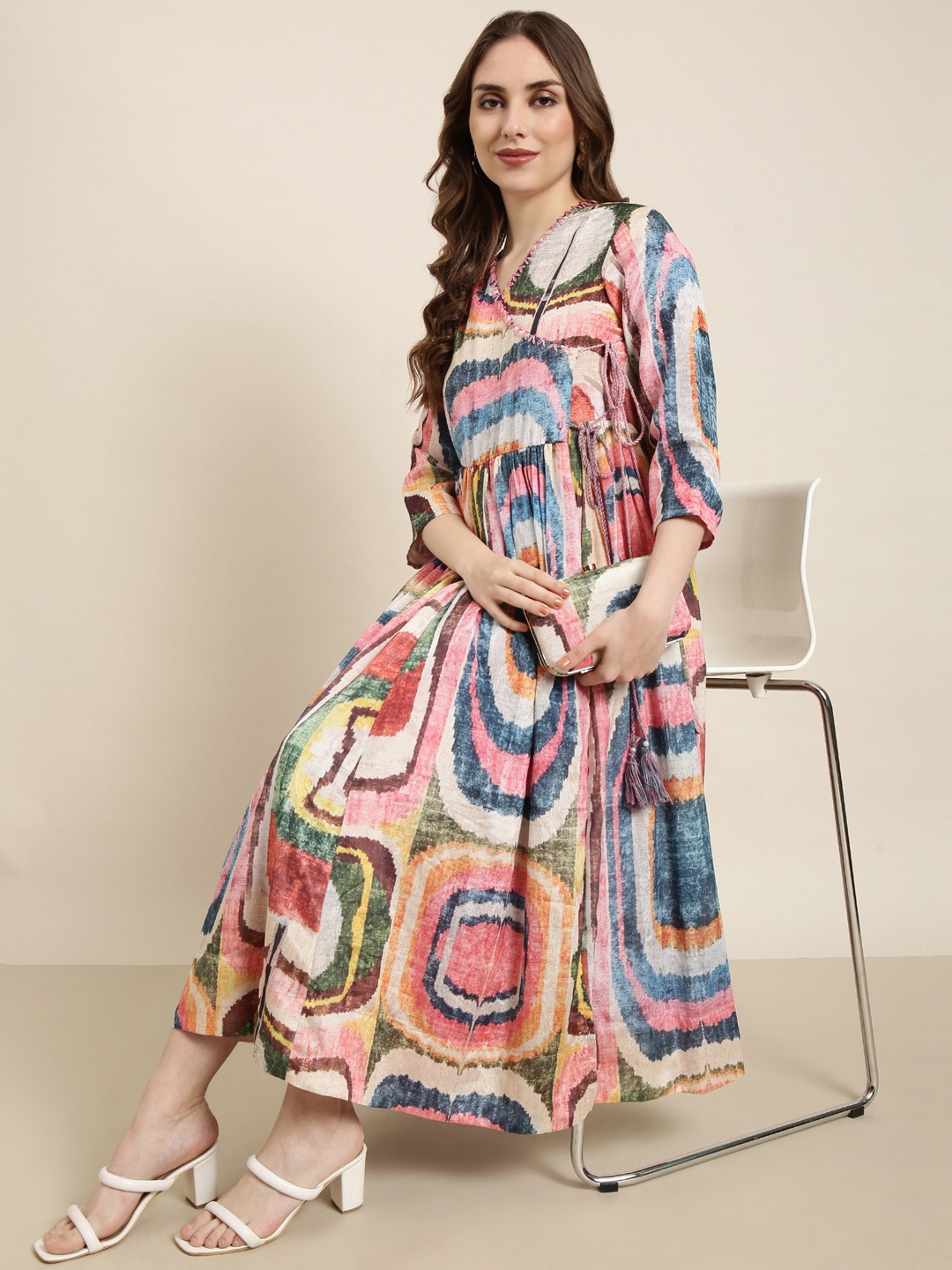 

SHOWOFF Abstract Print V Neck Three-Quarter Sleeves Warp Maxi Dress, Pink