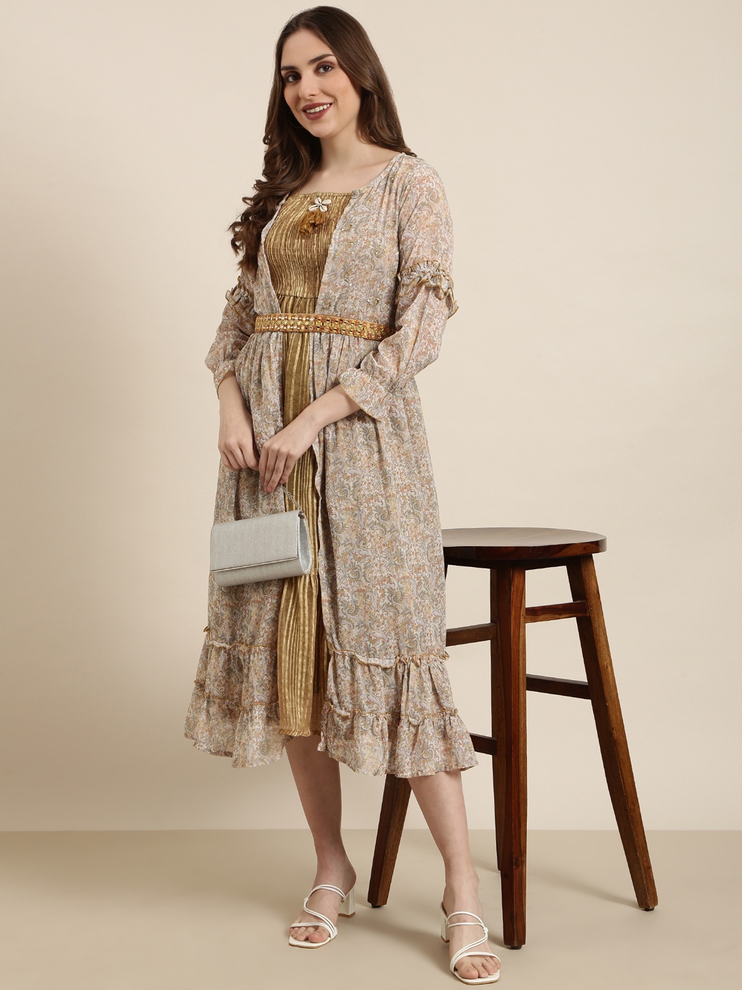 SHOWOFF Floral Shoulder Straps Smocked Tiered Fit And Flare Dress With Over Coat & Belt, Olive