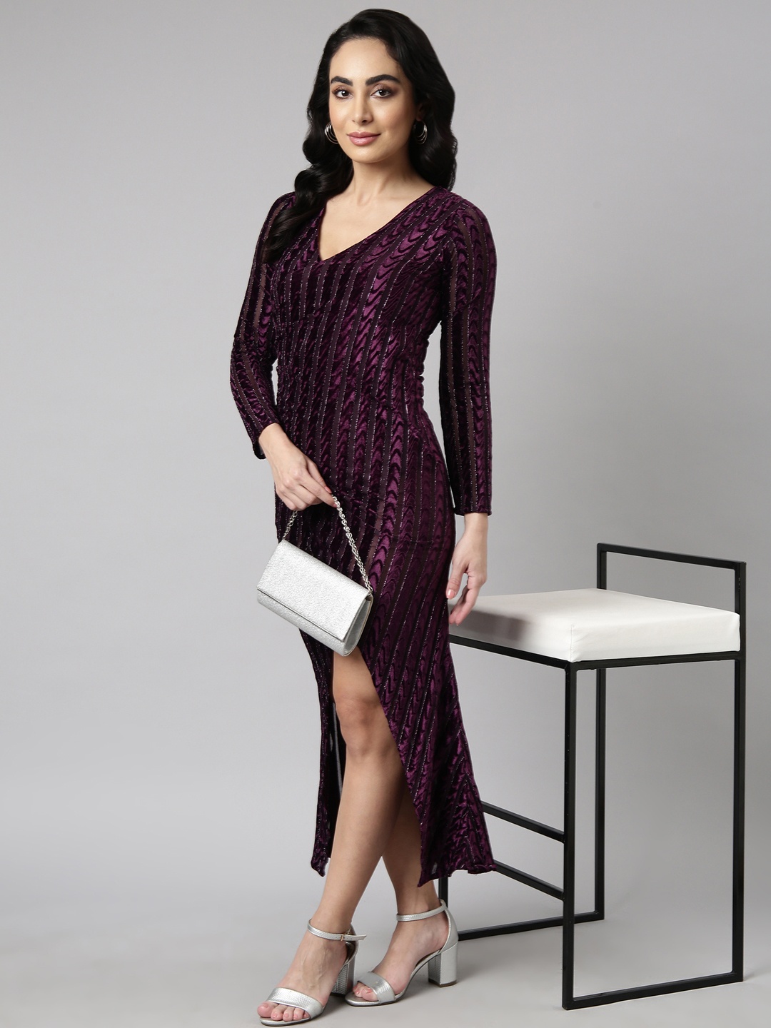 

SHOWOFF Geometric Printed V-Neck Wrap Maxi Opaque Party Dress, Purple