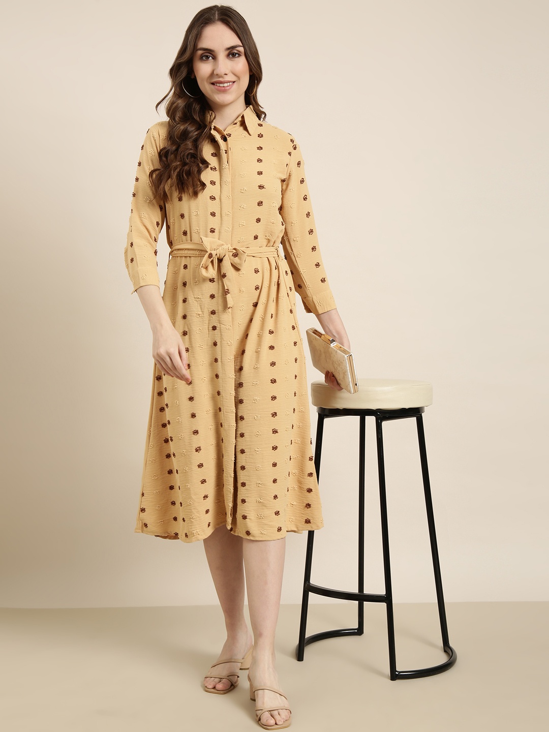 

SHOWOFF Shirt Collar Cotton Opaque Casual Dress, Mustard