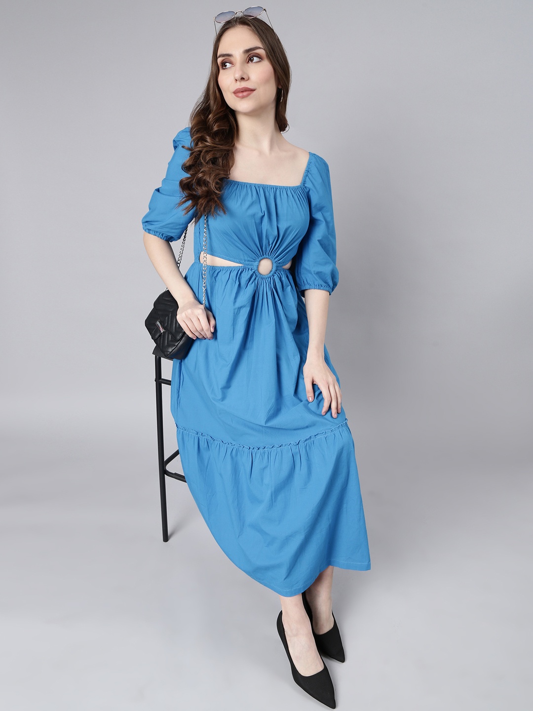 

SHOWOFF Cotton Square Neck Puff Sleeve A-Line Midi Dress, Blue