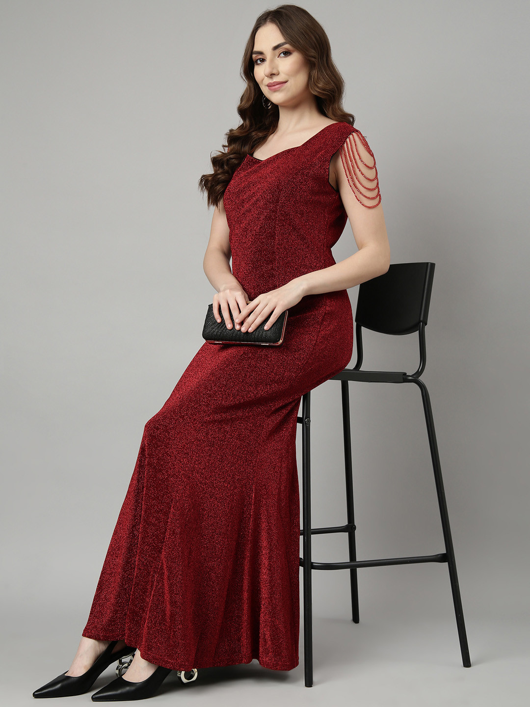 

SHOWOFF V-Neck Bling & Sparkly Maxi Dress, Red