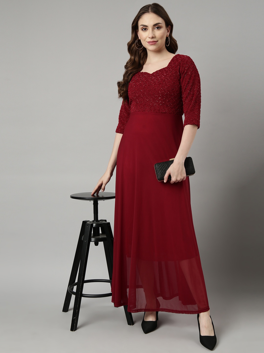 

SHOWOFF Net Maxi Party Wear Dress, Maroon