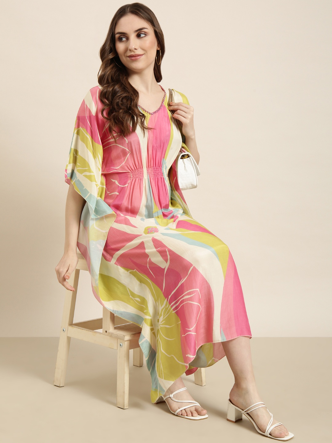 

SHOWOFF Floral Print V-Neck Flared Sleeves Kaftan Midi Dress, Pink