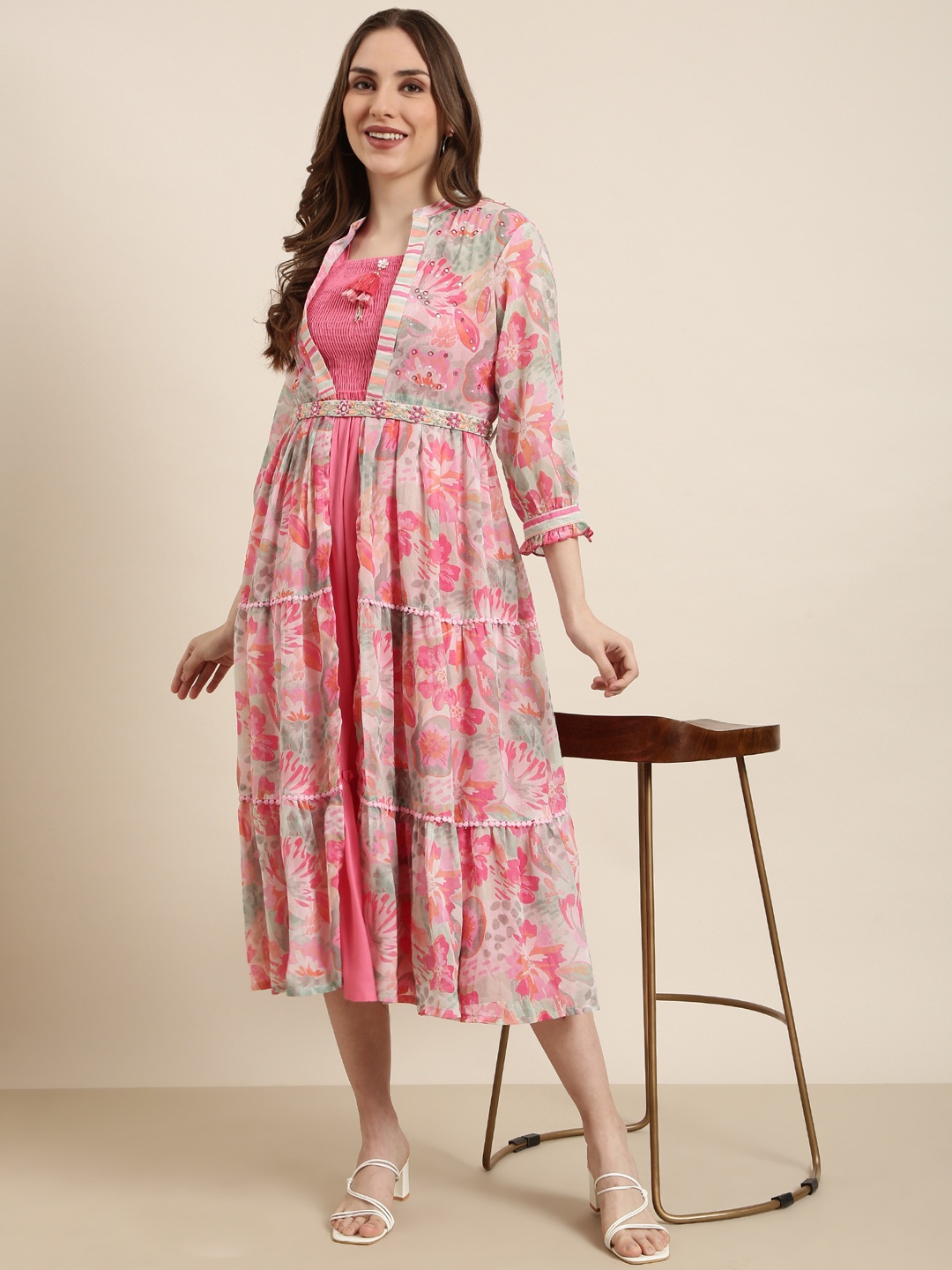 

SHOWOFF Floral Print Shoulder Straps A-line Dress Comes with Over Coat and Belt, Pink