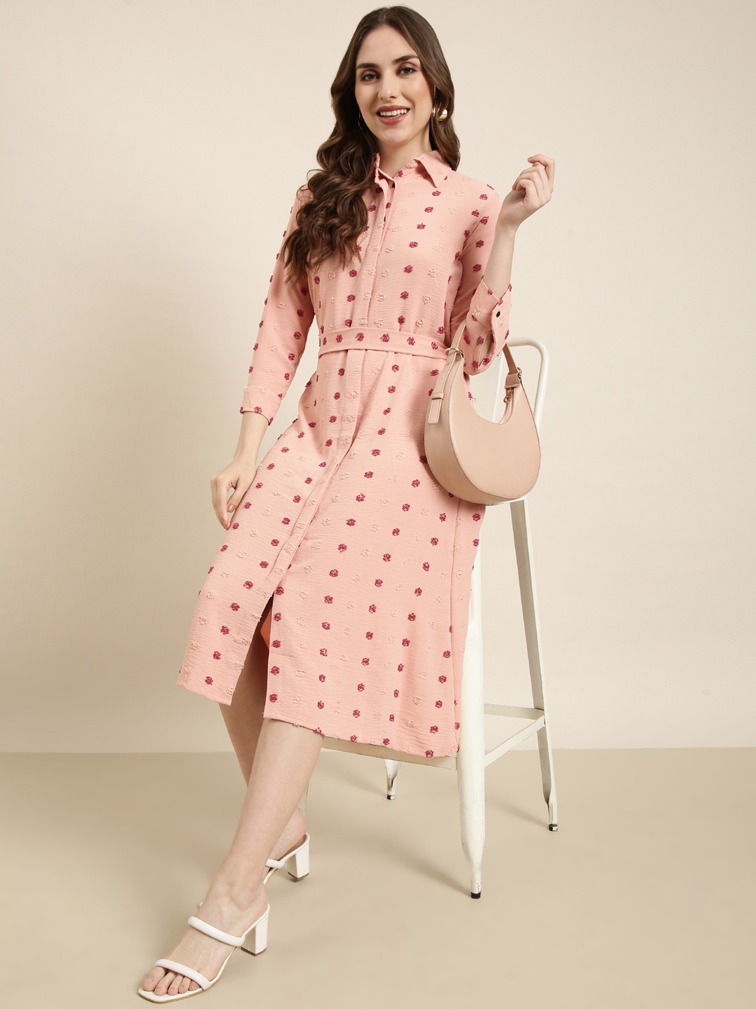 

SHOWOFF Shirt Collar Cotton Opaque Casual Dress, Peach