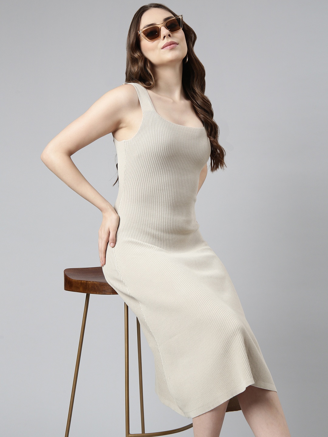 

SHOWOFF Round Neck Sleeveless Bodycon Midi Opaque Party Dress, Beige
