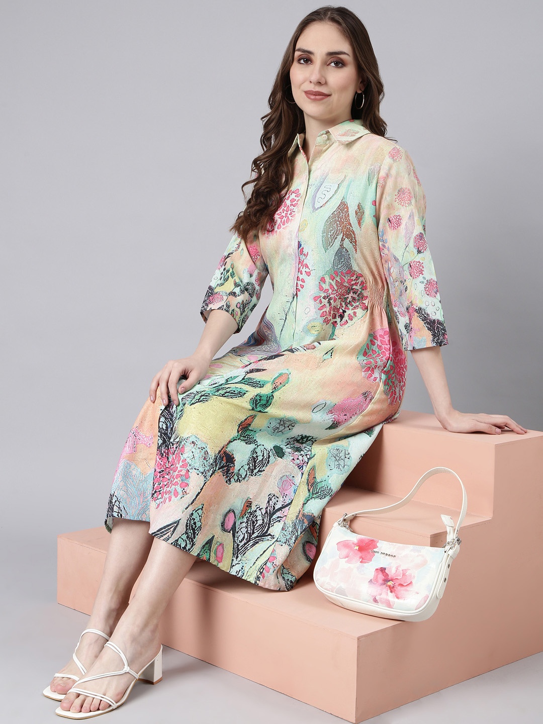 

SHOWOFF Floral Print Cotton Shirt Collar Three-Quarter Sleeves Dry Clean A-Line Midi Dress, Green