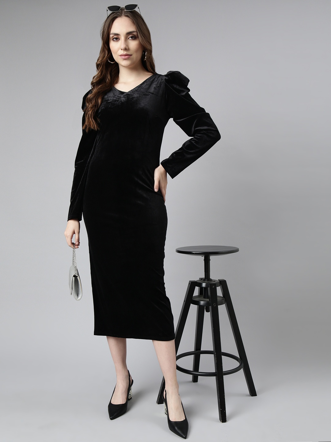 

SHOWOFF V-Neck Long Sleeves Bodycon Opaque Midi Dress, Black