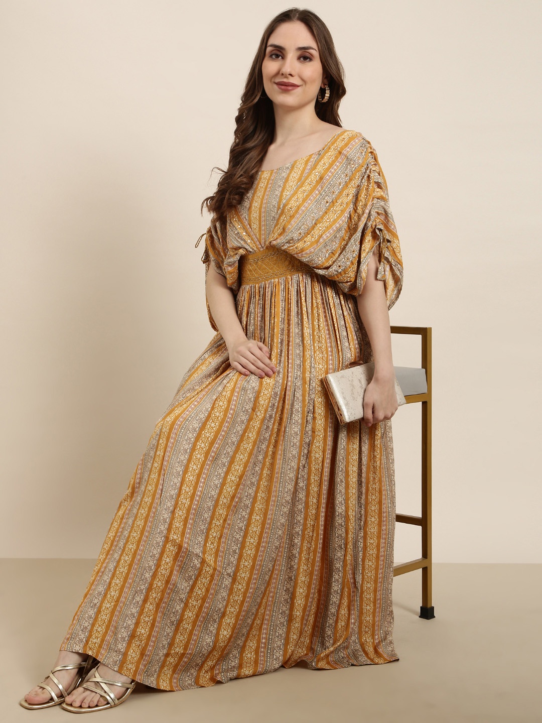 

SHOWOFF Floral Printed Square Neck Cape Sleeves Maxi Dress, Mustard