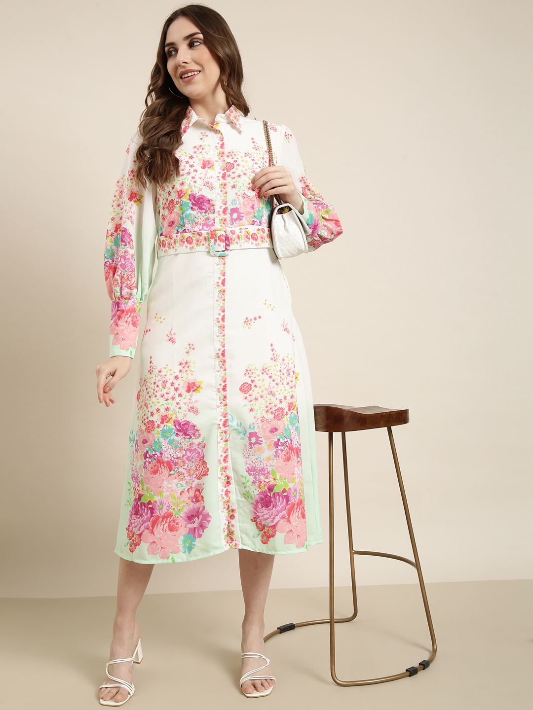 

SHOWOFF Floral Print Georgette A-Line Midi Dress, Off white