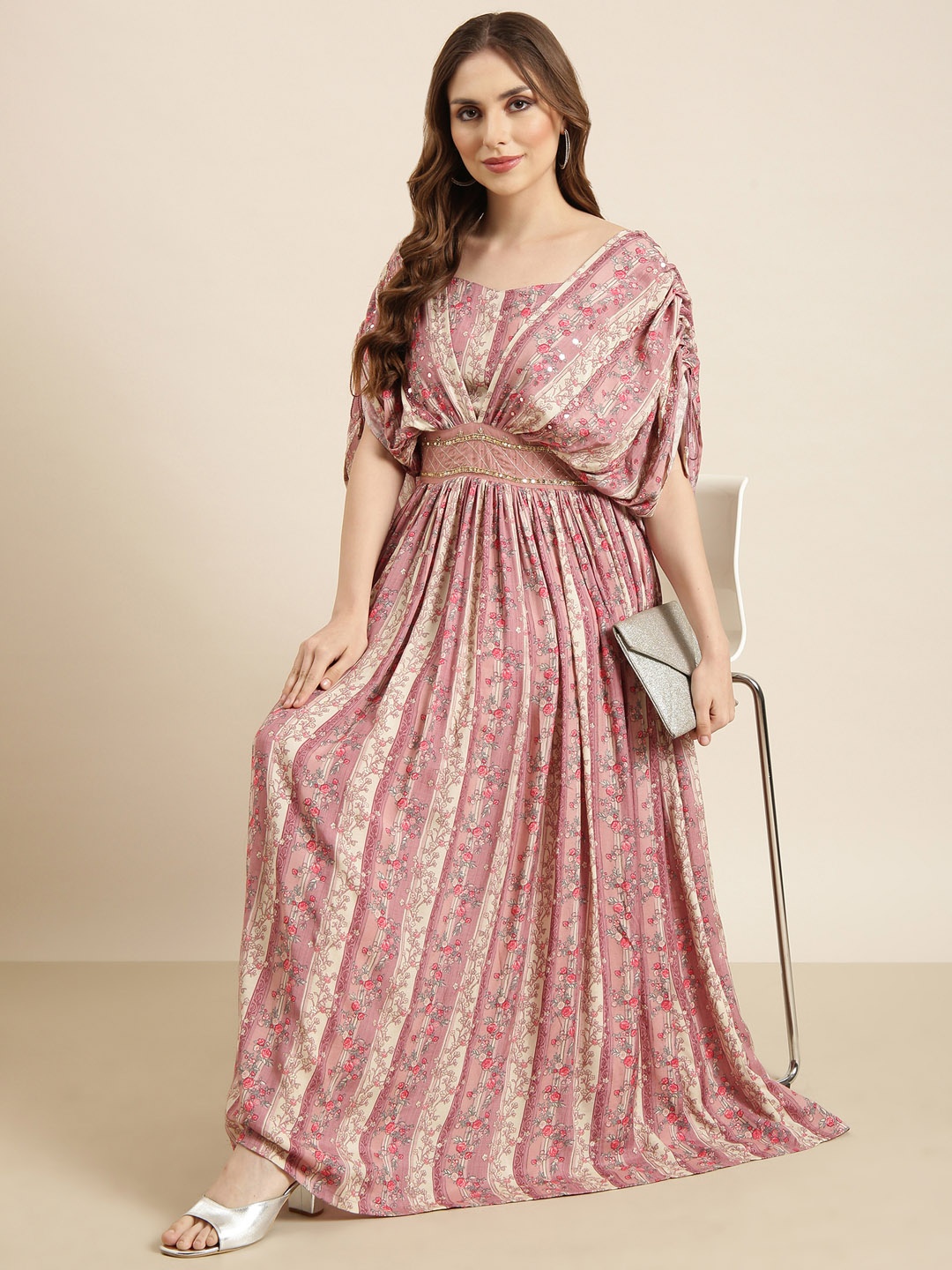 

SHOWOFF Flared Sleeves Floral Printed Maxi Opaque Casual Dress, Peach