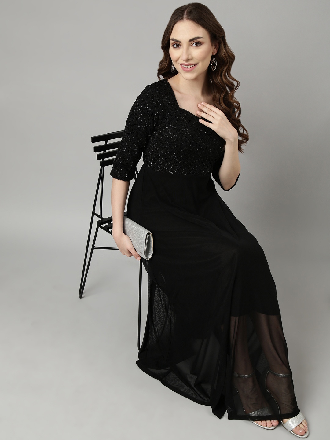

SHOWOFF Sweetheart Neck Three-Quarter Sleeves Opaque Maxi Dress, Black