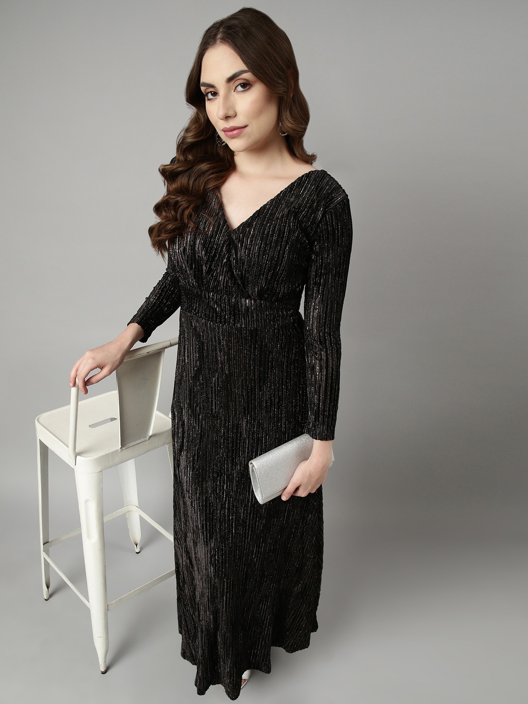 

SHOWOFF Embellished V-Neck Full Sleeves Empire Maxi Dress, Black