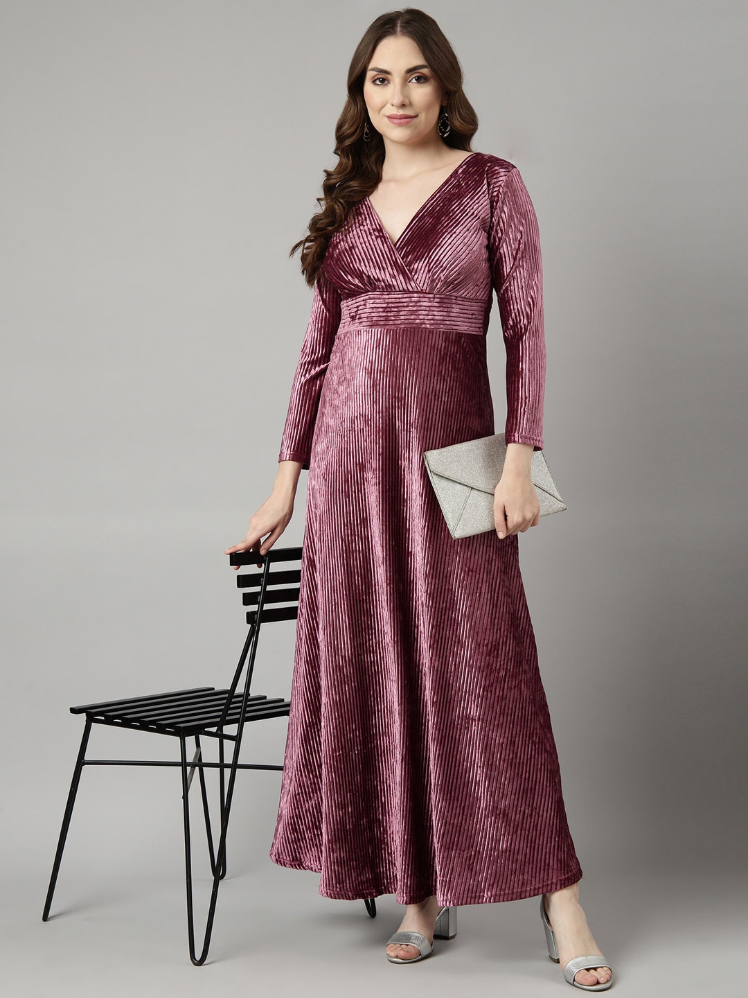 

SHOWOFF Striped Velvet Maxi Party Wear Dress, Pink