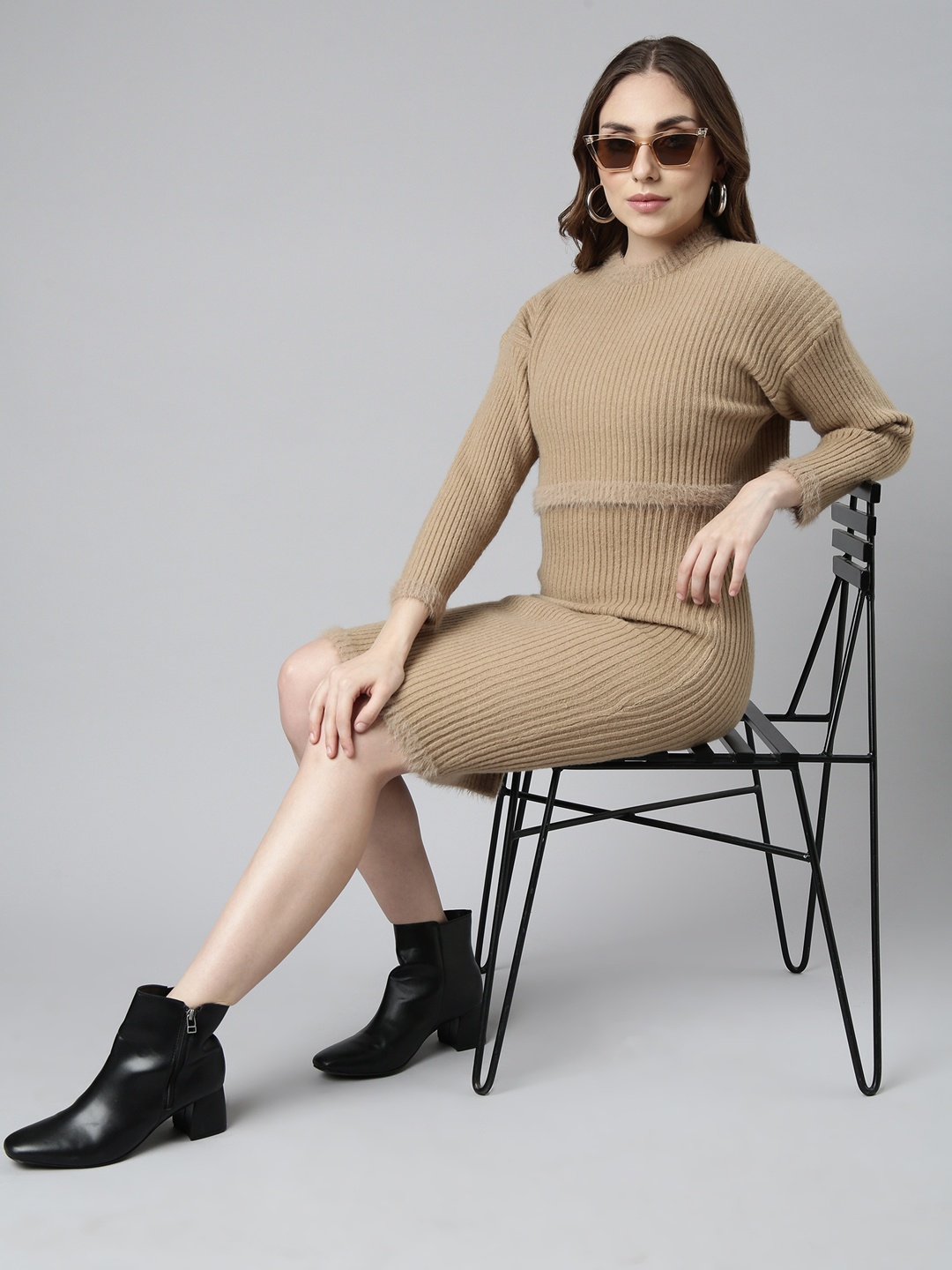 

SHOWOFF Striped Round Neck Long Sleeves Bodycon Dress With Upper Top, Beige