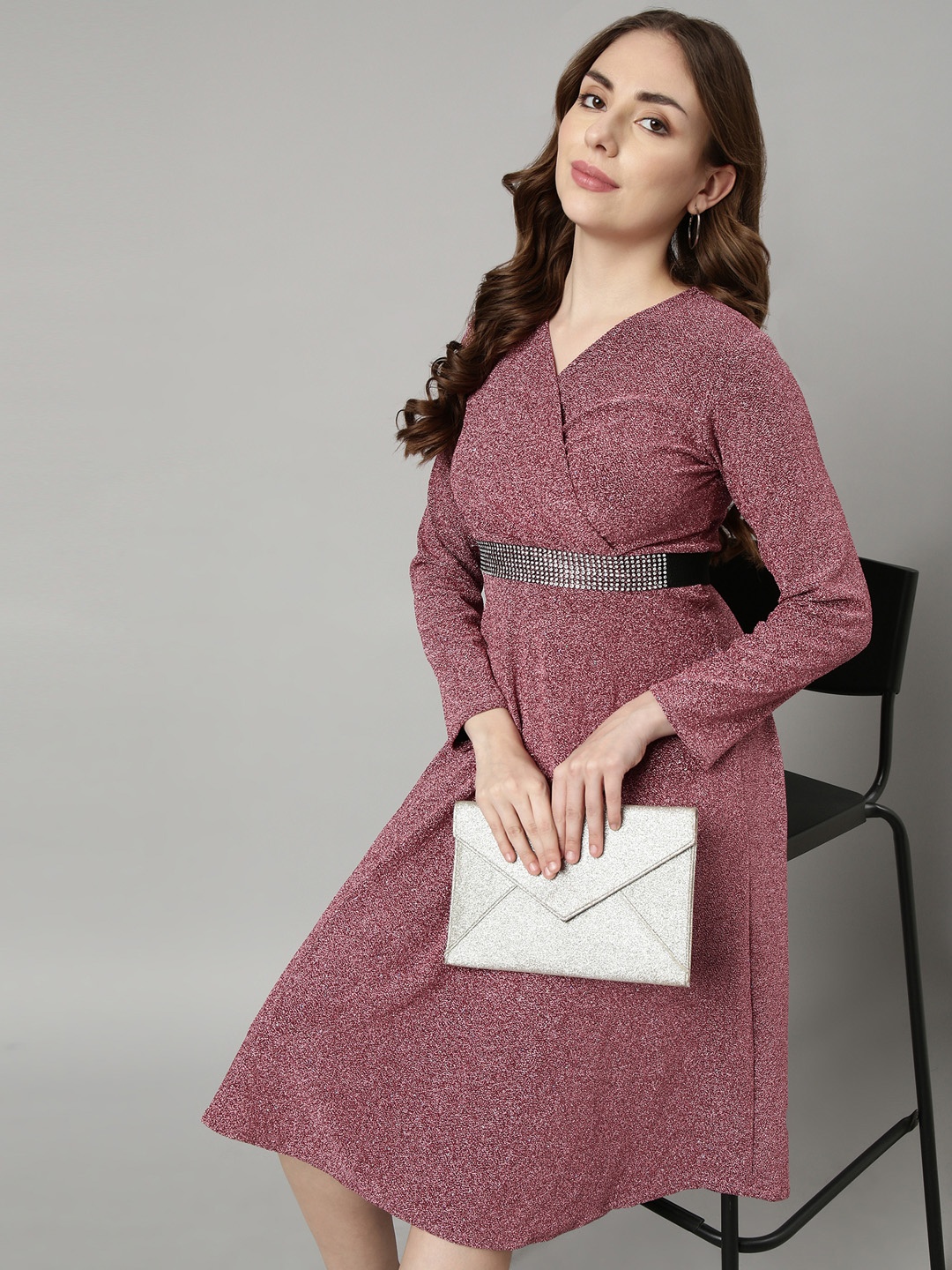 

SHOWOFF Abstract Printed V-Neck Wrap Dress With Belt, Pink