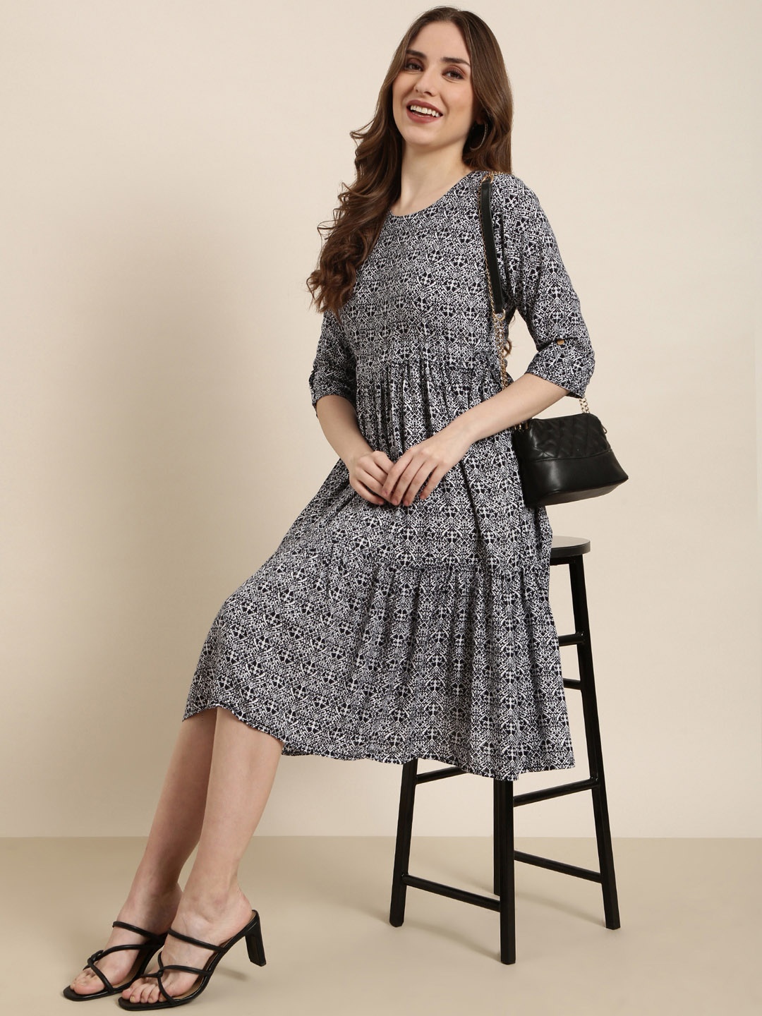 

SHOWOFF Ethnic Motifs Print Cotton Round Neck Roll-Up Sleeves Fit & Flare Midi Dress, Navy blue