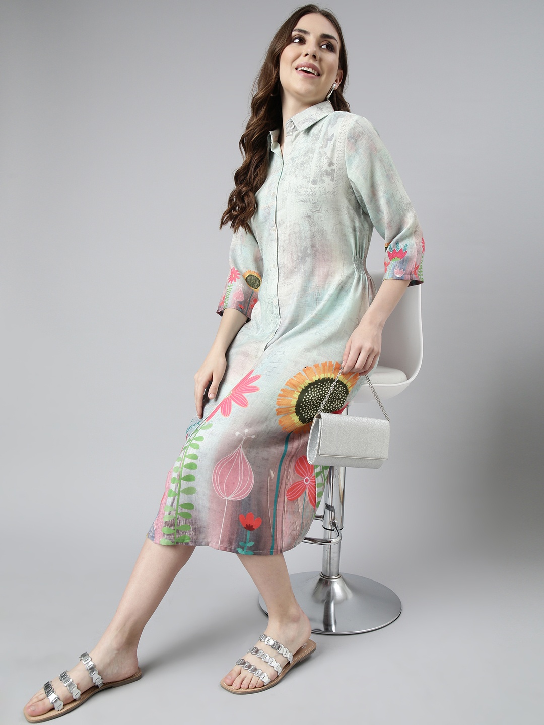 

SHOWOFF Floral Printed Shirt Collar Shirt Midi Dress, Sea green