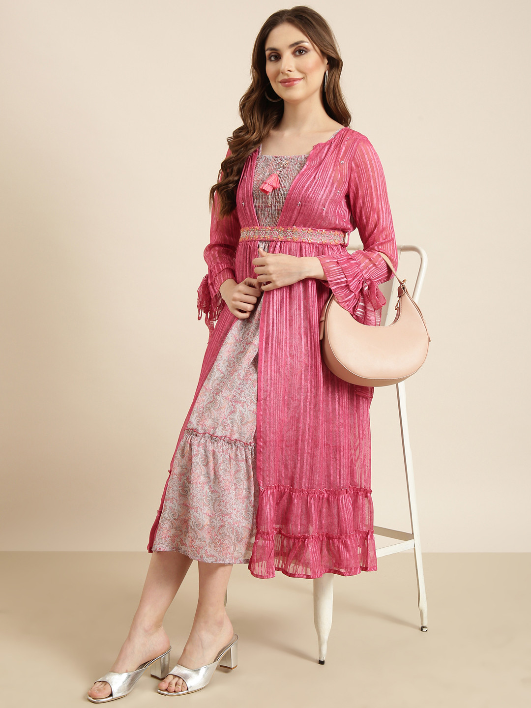 

SHOWOFF Floral Shoulder Straps Smocked Tiered Fit And Flare Dress With Over Coat & Belt, Pink